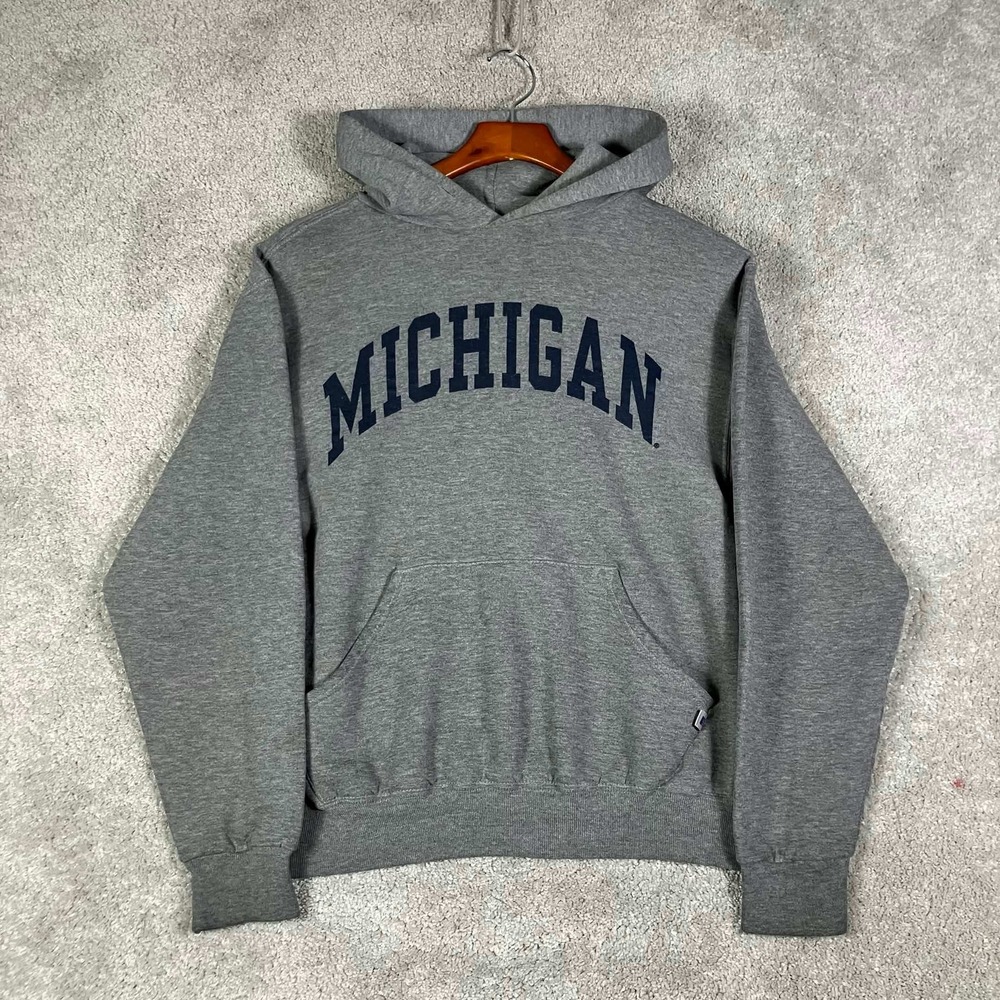 Vintage Russell Athletic Hoodie Mens Small Gray Michigan Wolverines Pullover Y2K